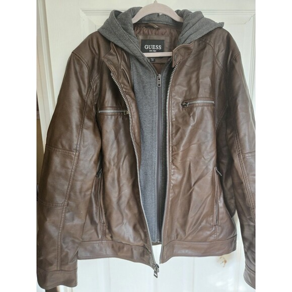 GUESS Mens Faux Leather Hooded Moto Jacket Brown XXL Zip Hood Wind Water Resist - Picture 5 of 16